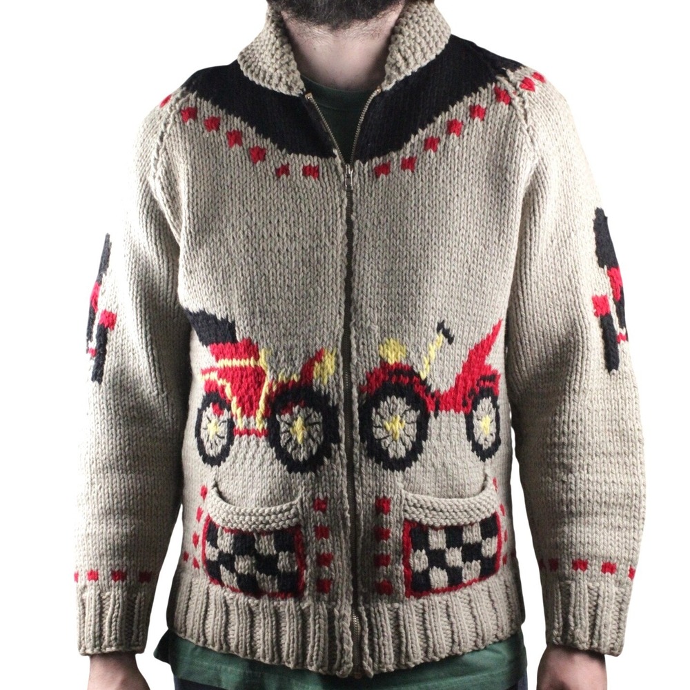 Vintage Mary Maxim Antique Autos 433 "Cowichan" Car Mens L Sweater Zip Cardigan - Picture 4 of 14
